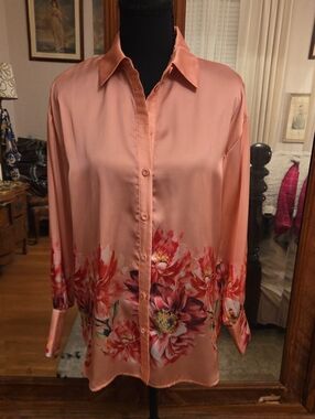 Catherine Malandrino Peach Pink Floral Button-Up Blouse